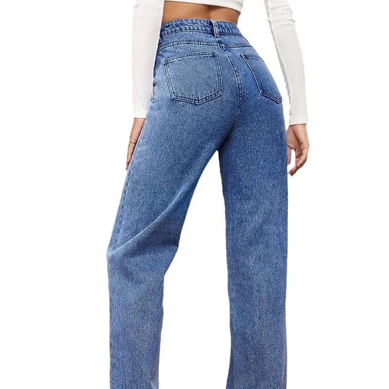 Elastic Washed Denim Fashion Straight Pants Jeans Women's Pants