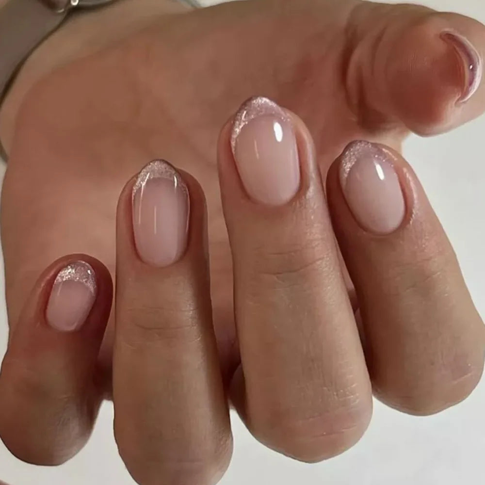 24Pcs  Gradient Oval Fake Nails French Short Almond Glitter Nail Tips Art Pink Lovely Wearable Fashion Simple Nails Set Press On