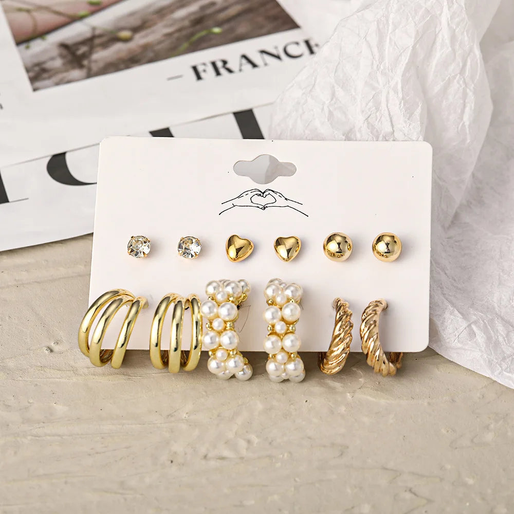 Gold Color Vintage Hoop Earrings Set for Women Boho Metal Circle Geometric Twist Pearl Dangle Earrings Trendy Jewelry Gifts AY 54047