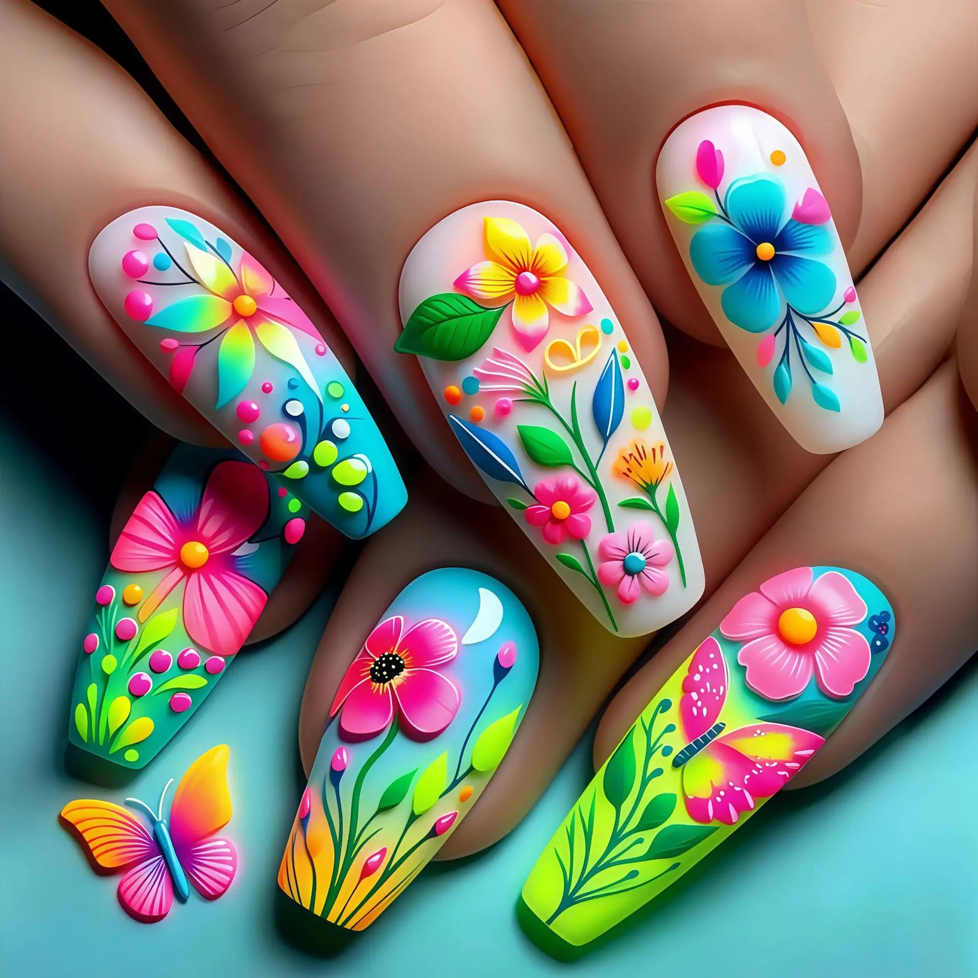 24Pcs Green Colorful Press on Fake Nails with Watermelon Lemon Pattern Manicure Set Plant Flowers Design Long Ballet False Nails