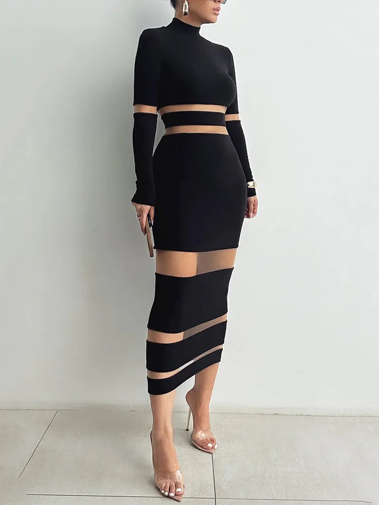 Patchwork Bodycon Sexy Midi Dress For Women Autumn Winter New Turtleneck Long Sleeve Club Party Sexy Dress Elegant Black