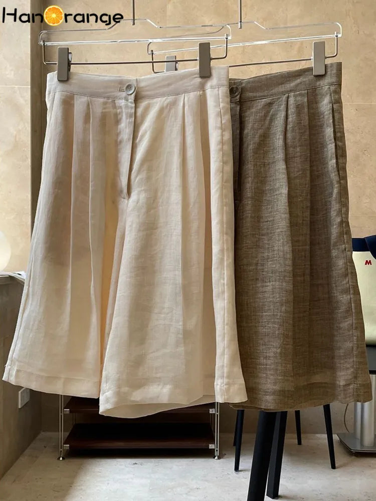 HanOrange Summer Lazy Linen Casual Knee Length Pants Women Loose Thin Anti-transparent A-line Profile Five Cents Trousers