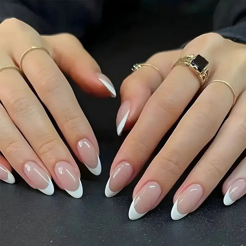 24Pcs Minimalist Fake Nails White French Tip Press On Nails Glossy Medium Almond Shape Full Cover False Nails For Women Girls