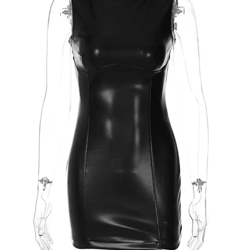 Fashion PU Leather Tank Dresses Women's Sexy O-neck Sleeveless Bodycon High Waist Package Hip Party Night Club Black Dress Black