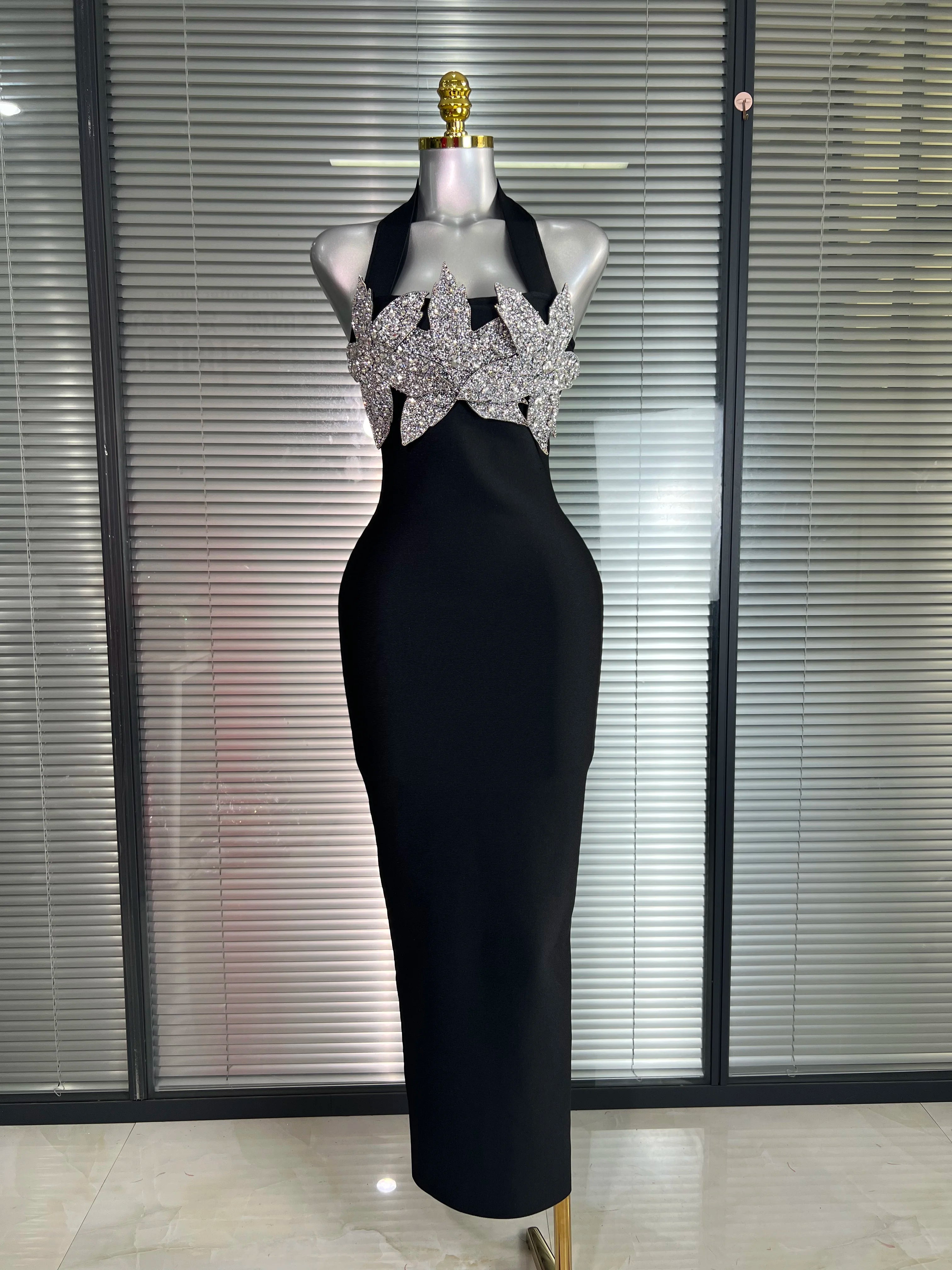 Brand New Summer 2025 Women Black Halter Bodycon Bandage Bodycon Dress Crystal Evening Party Dress Vestido