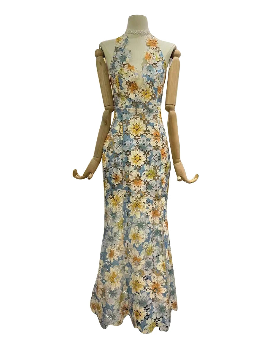 TWOTWINSTYLE Colorblock Hollow Out Spliced Printing Elegant Dresses for Women Halter Neck Sleeveless Split Dress Female Fashion