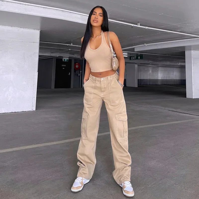 Y2K High Waist Slimming Loose Jeans for Women European and American Clothing Street Fashion Workwear Straight Trousers beige