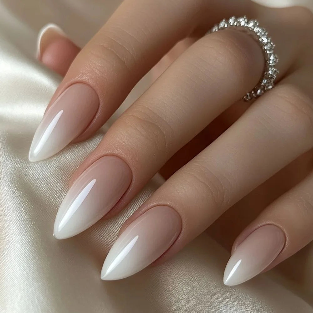 24pcs French Almond Fake Nail Sweet Pink White Gradient False Nail Tips for Lady Women Wearable Ins Simple Korean Press on Nails