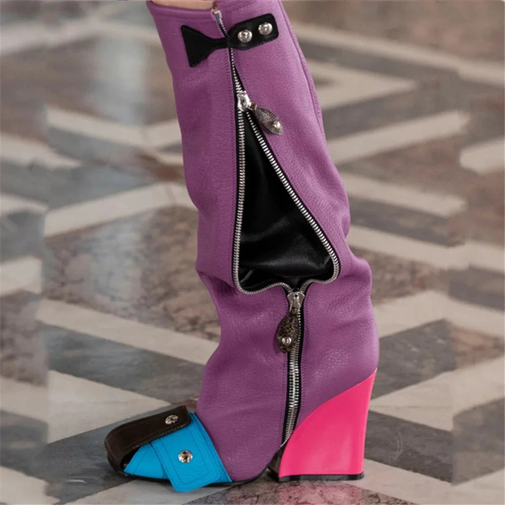 Brand Women's Boots Autumn and Winter Fashion Color Contrast Rivet Side Zipper High Heel Fashion Stage Show Party Boots OSM-purple