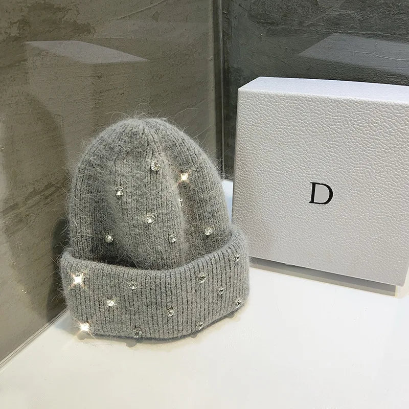 Franch Luxury Rabbit Fur Knitted Hat hinestone Beads Fashion Korean Cap Women Winter Fashion Thickened Warm Beanies gray Adult