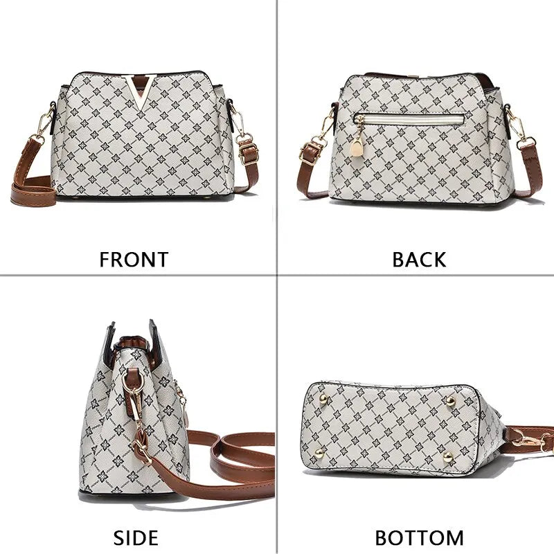 Women Vintage Print Crossbody Bag V Letter Classic Shoulder Bag Female Elegant Geometric Pattern Casual Bag Work Gift