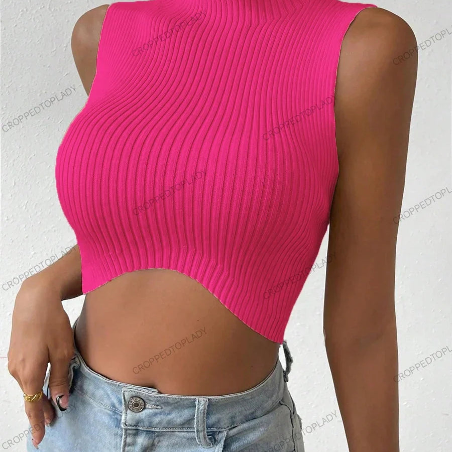 Summer Spring Women Casual Sexy Knit Sleeveless Curve Corset Mock Neck Crossfit Crop Top Femme Stretch Y2k Tank Fashion Clothes Rose Free size