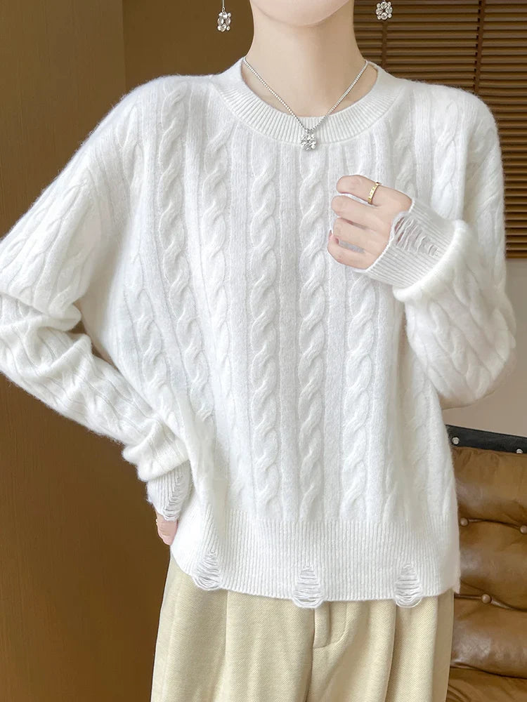 Women Cable Knit Sweater 100% Merino Wool Knitwear O-neck Preppy Style Long Sleeve Pullover Autumn Winter Cashmere Sweater Tops WHITE