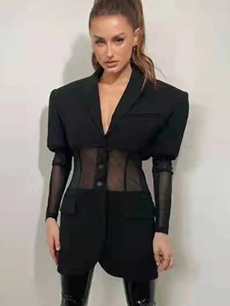 DEAT Fashion Women's Blazer New Notched Collar Patchwork See-through Mesh Single Breasted Slim Suit Jackets Autumn 17A2745