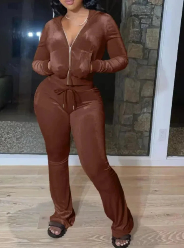 Plus Size 1XL-5XL Women Fashion Round Neck Solid Color Two Piece Set Ladies Casual Long Sleeve T-Shirt & Pants Outfit