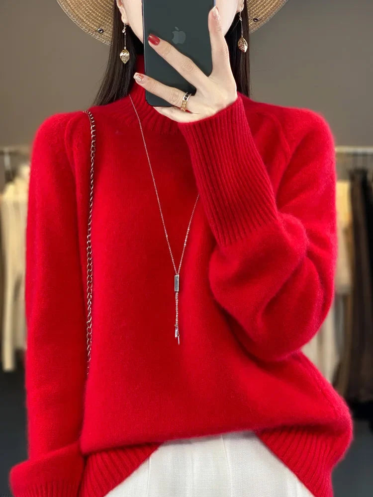 Women Turtleneck Sweater Autumn Winter Basic Pullover 100% Merino Wool Long Sleeves Cashmere Knitted Jumper Female Clothing Tops Red