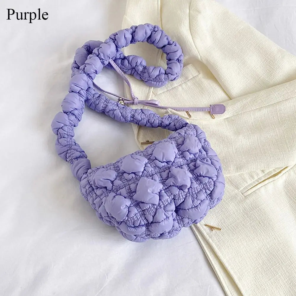 Cloud Quilted Shoulder Bag Simple Bubbles Solid Color Shopping Bag Pleated Handbag Women Girls purple