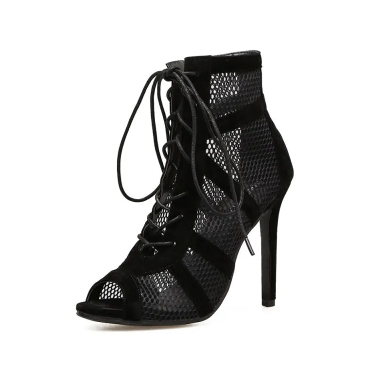 New Fashion Show Black Net Fabric Cross Strap Sexy High Heel Sandals Woman Shoes Pumps Lace-up Peep Toe Sandals Casual Mesh black