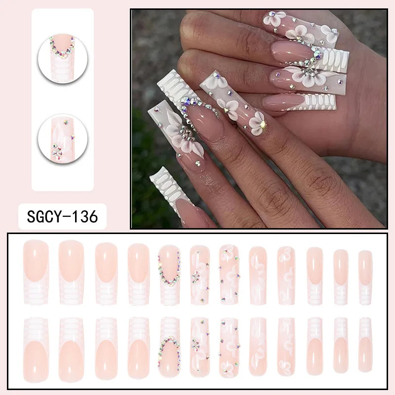 24pcs French Flower Snake Pattern Crocodile Pattern Press on Nails Simple Nails Full Cover Wearable False Nails