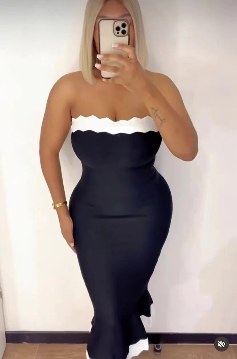 Black Color Women Sleeveless Sexy Strapless Bodycon Mermaid Bandage Mid-calf Dress Nightclub Party Birthday Cocktail Dress