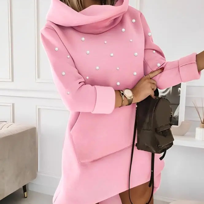 Elegant Dresses for Women Beaded Hooded Casual Sweatshirt Dress Autumn Winter Spring Fashion Casual Female Clothing