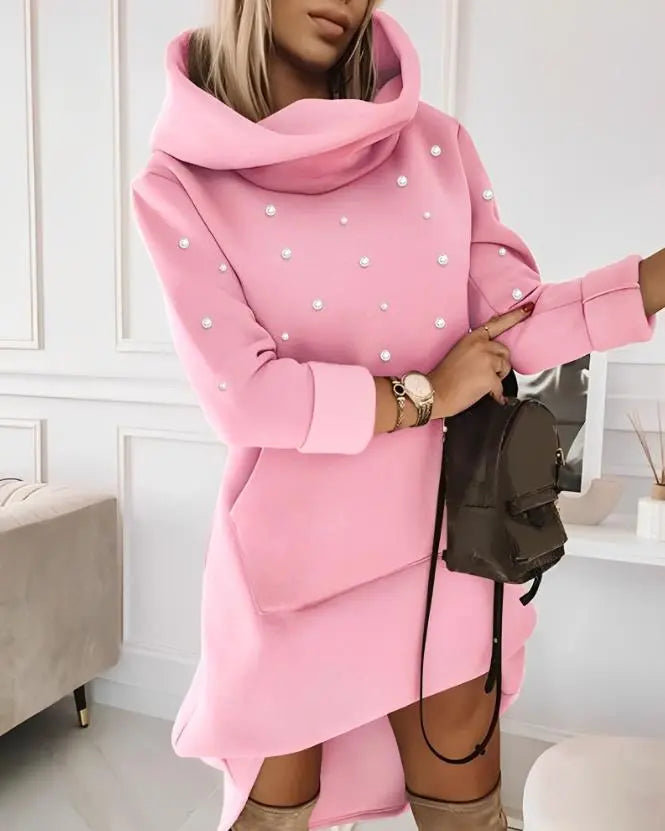 Elegant Dresses for Women Beaded Hooded Casual Sweatshirt Dress Autumn Winter Spring Fashion Casual Female Clothing