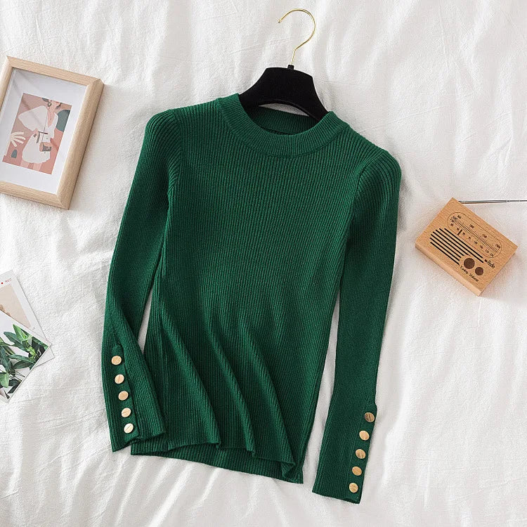 Thick Sweater Pullovers Long Sleeve Tops Women Autumn Winter Clothes Slim Knit Soft Jumper Streetwear Button Turtleneck Sweater dark green-2 One Size
