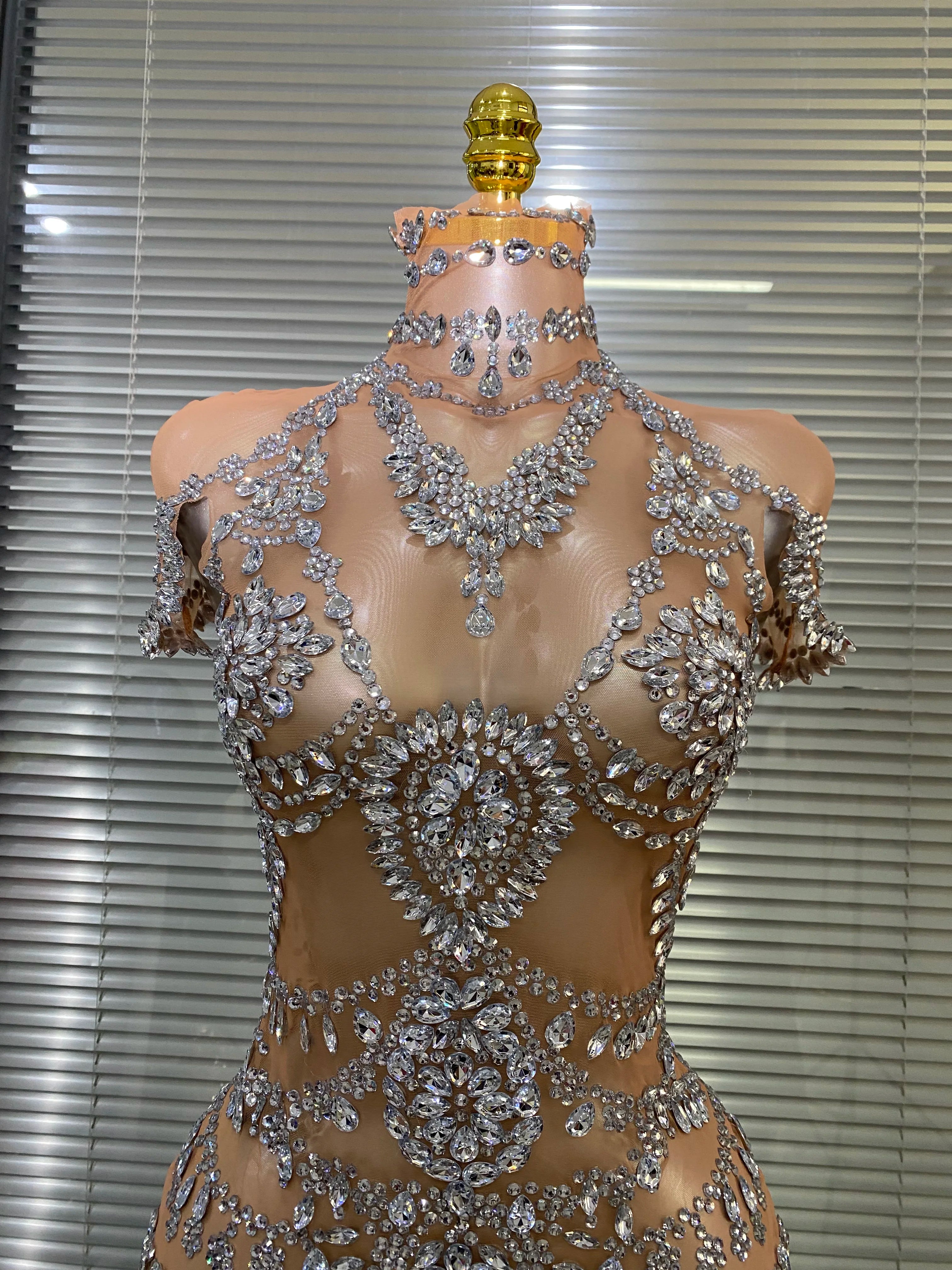 Celebrity New Women Sexy Skin See Through Sheer Diamonds Stretchy Night Club Singer Dancer Stage Costume Party Bodysuit