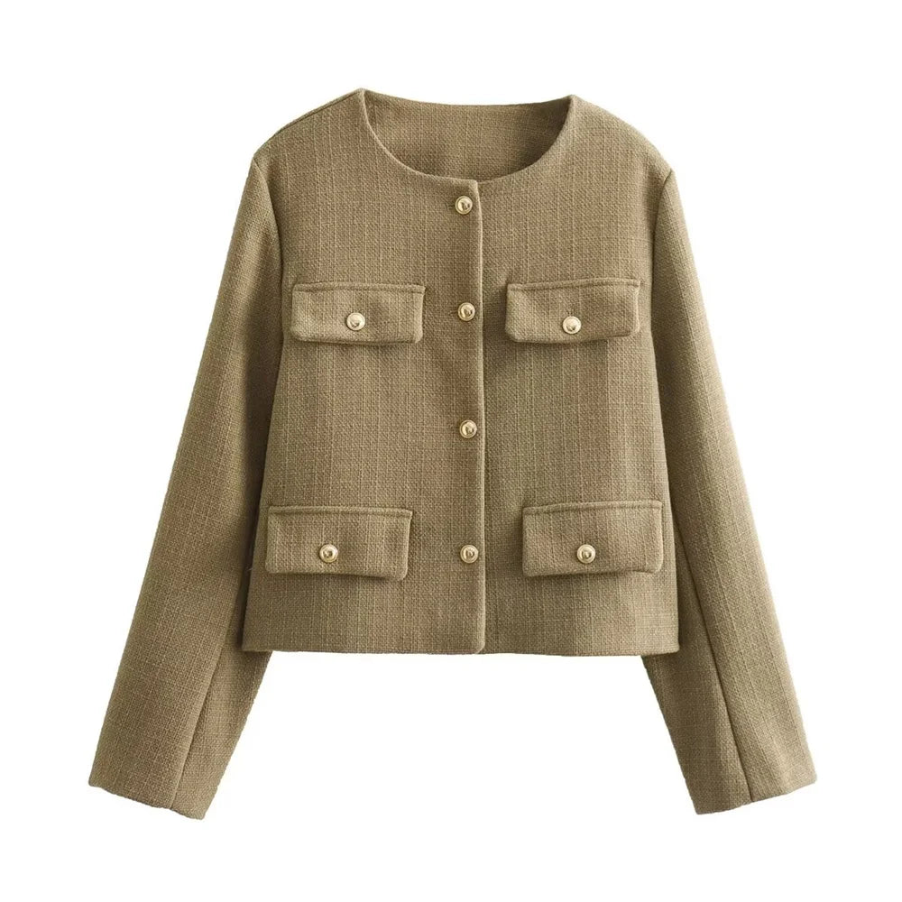 Women's Fashion and Casual Versatile Round Neck Single breasted Flap Decoration Suit Coat Card Green