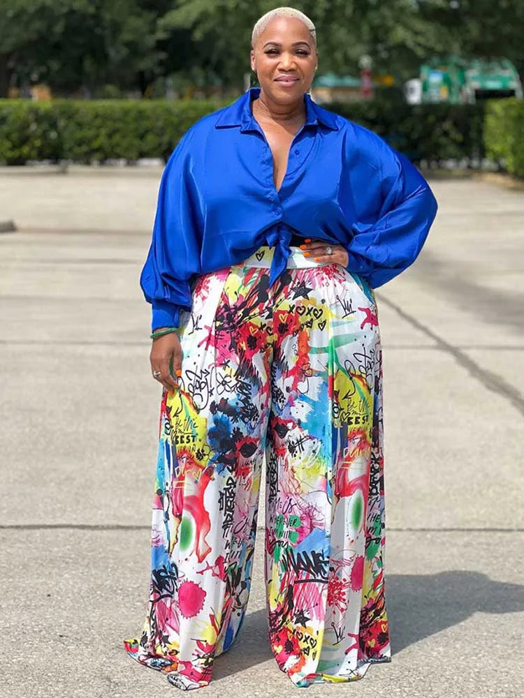 2piece Woman Outfit Streetwear Blue Silk Blouses Women Plus Size Autumn Top and Pants Suits 4xl Casual Female Pants Sets