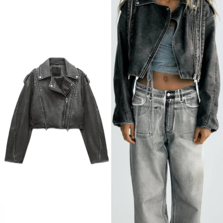 Women's PU Leather Short Jacket Coats Lapel Collar Long Sleeves Distressed Faux Leather Biker Jacket Female Chic Outerwear