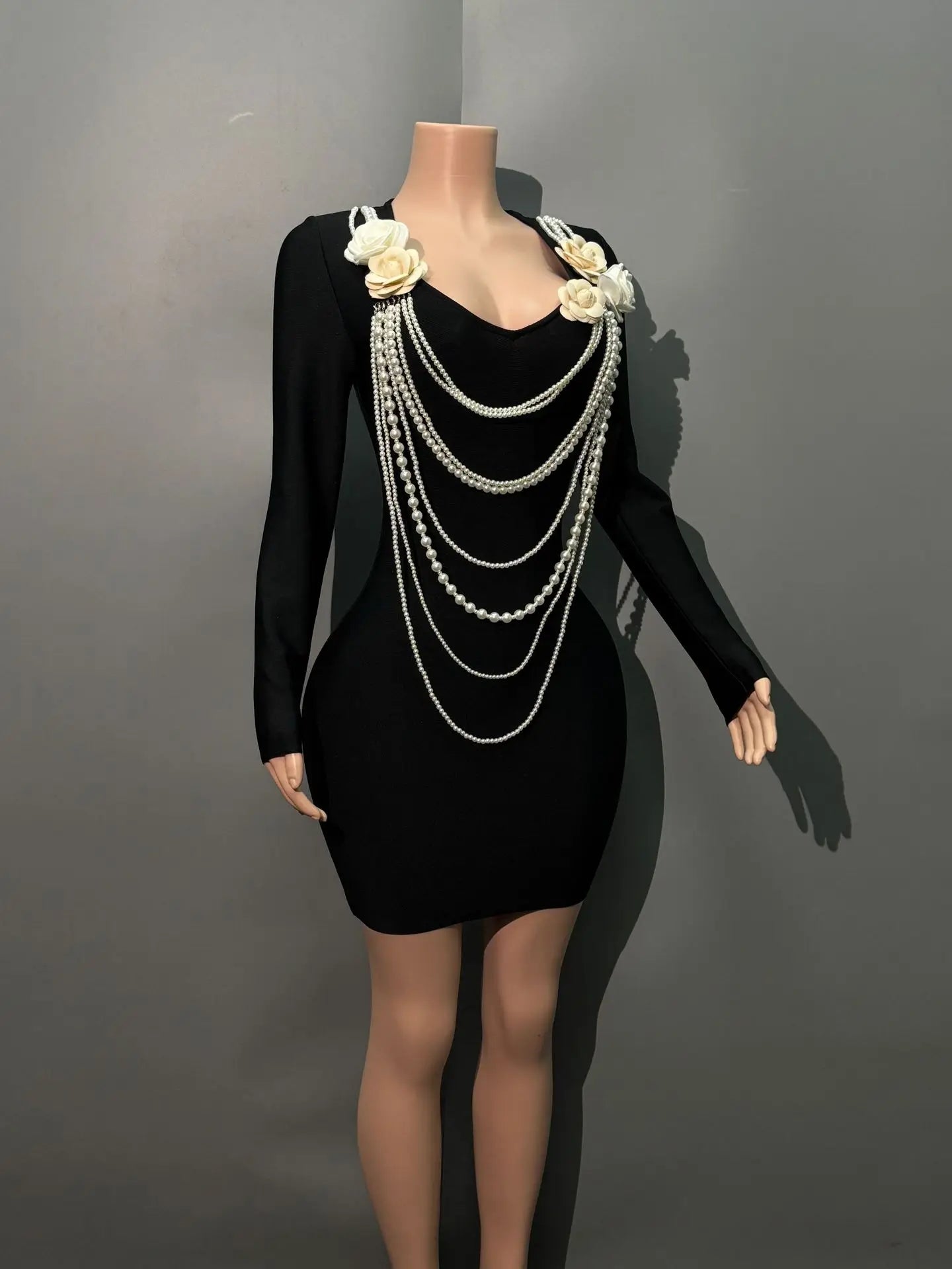 Black Color Women Long Sleeve Pearl Beading Bodycon Mini Bandage Dress Nightclub Party Celebrate Birthday Vacation Outfit