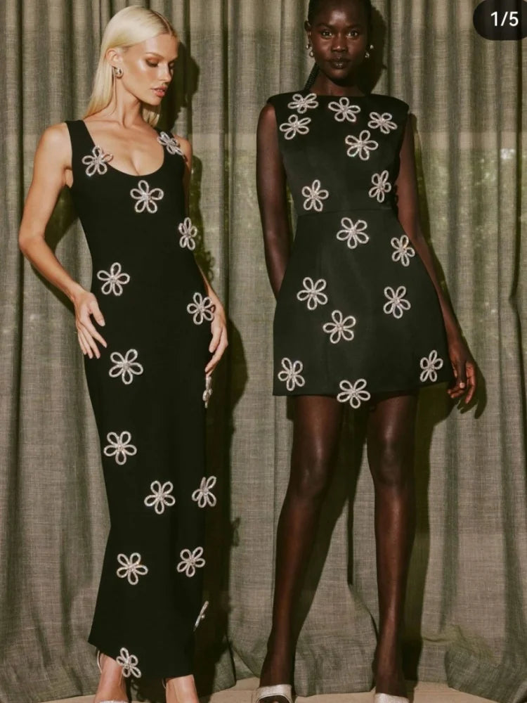 Arrival Women Sleeveless Sexy O-Neck Diamond Flowers Bodycon Long Bandage Dress Celebrate Evening Party Office Lady Outfit