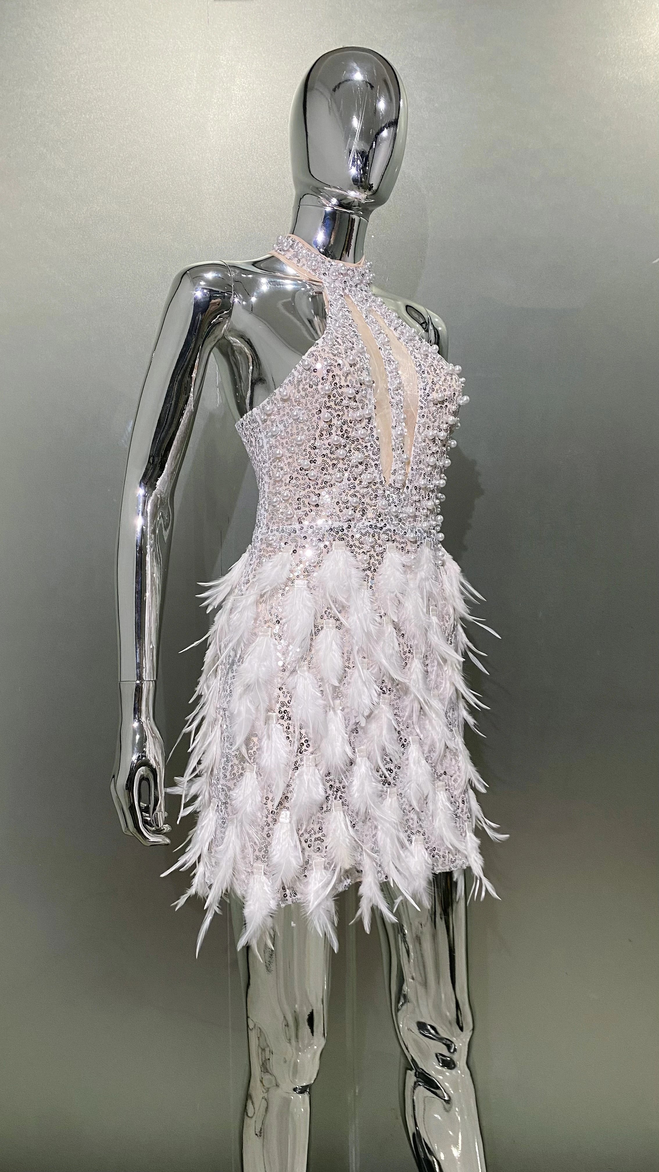 High Quality Gorgeous Feathers Beading High Slit Strapless Long Dress Woman Evening Dress Celebrity Birthday Party Outfit