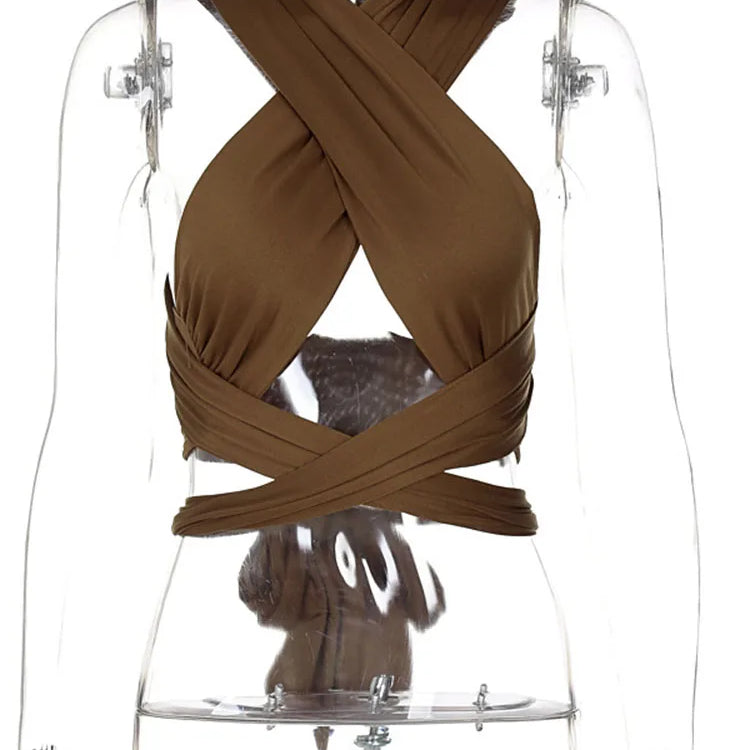 Women Strappy Cross Over Front Cut Out Halter Neck Sleeveless Backless Wrap Crop Top Bandage Vest Summer Sexy Tops Woman Clothes Brown