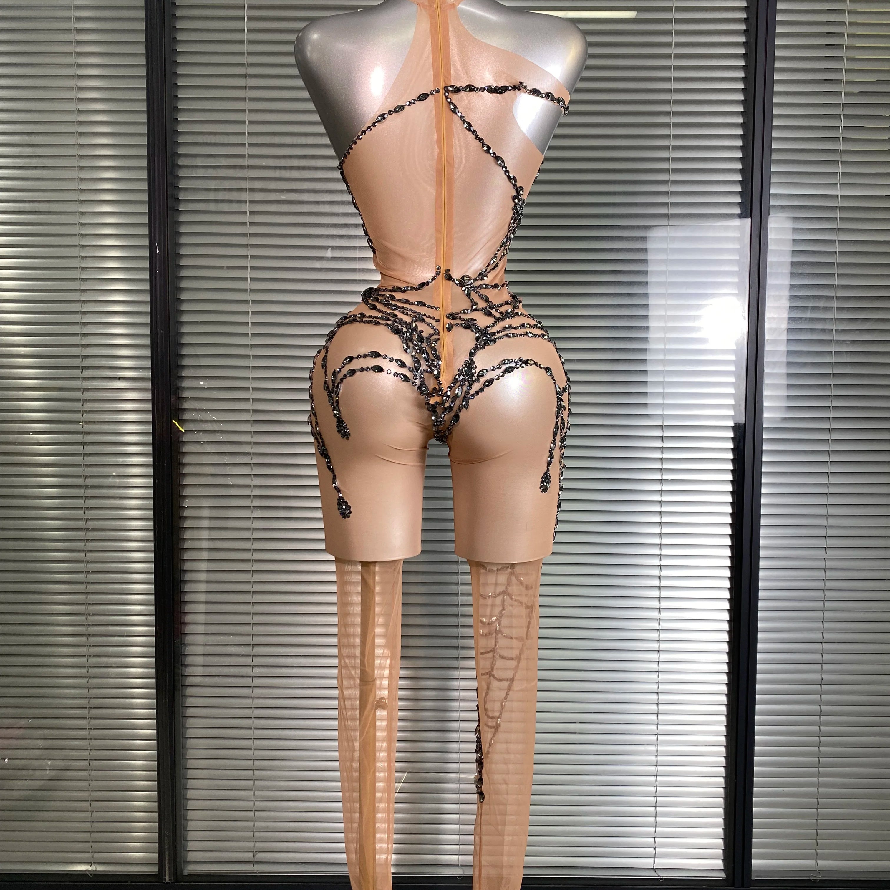 Women Sexy Black Nude Crystal Jumpsuit Celebrity Designer Stretchy Mesh See Through Singer Dancer Stage Night Club Rompers