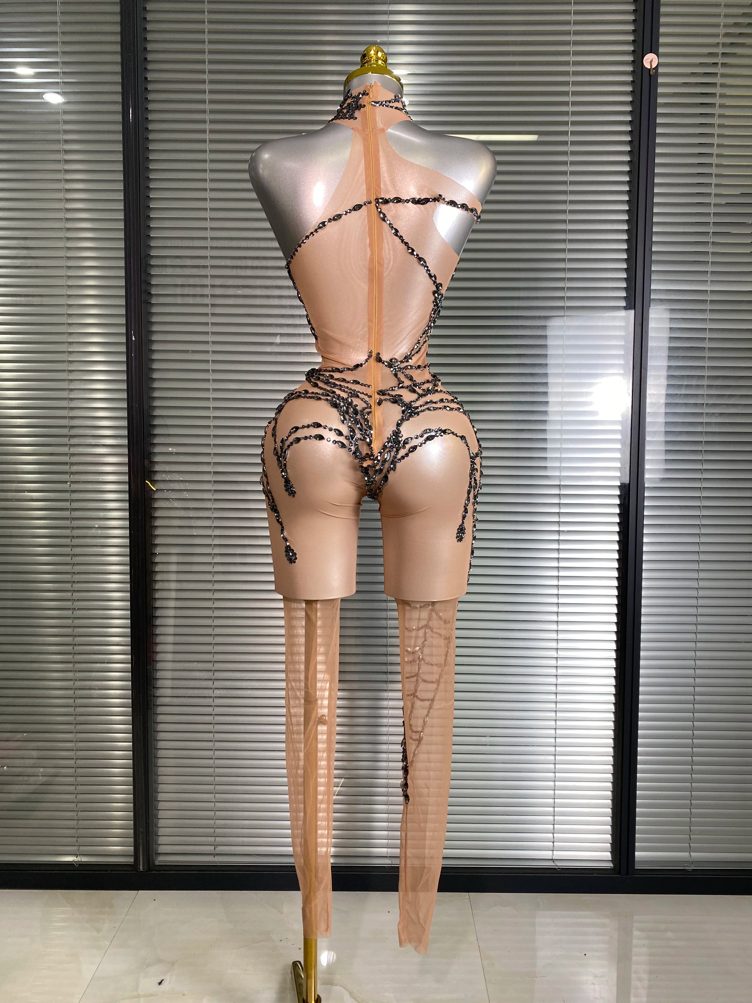 Women Sexy Black Nude Crystal Jumpsuit Celebrity Designer Stretchy Mesh See Through Singer Dancer Stage Night Club Rompers