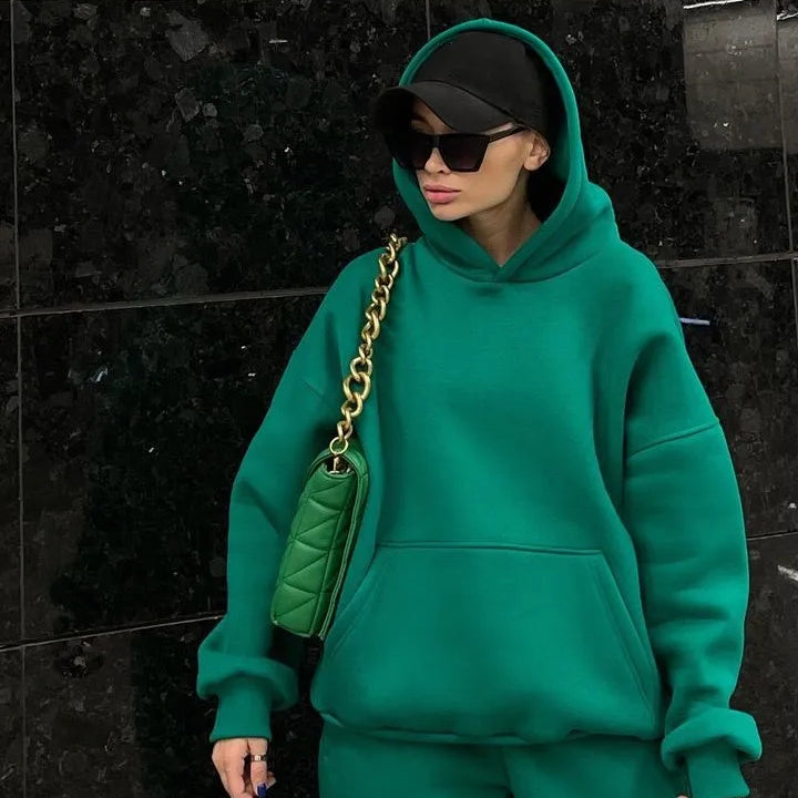 Fashion Women's Sports Two-Piece Autumn Hooded Long-Sleeved And Baggy Pants Fitness Set Solid Color Lady 2-Piece Suit Outfits Green