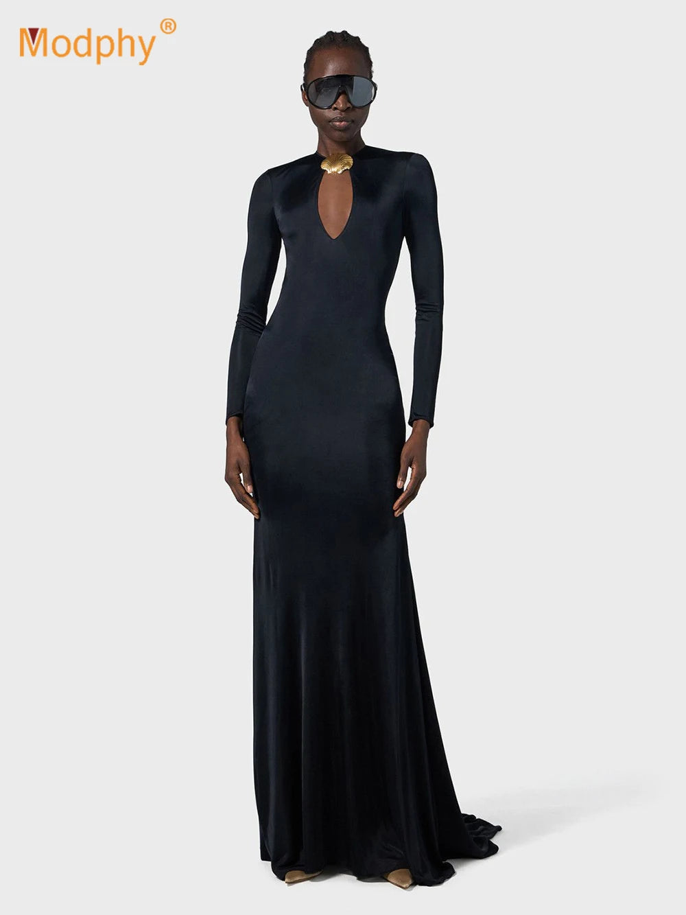 Elegant Solid Women Long Sleeved Floor Length Dress Sexy Party Backless Slim Female Maxi Dresses 2025 Summer New Chic Lady Robe