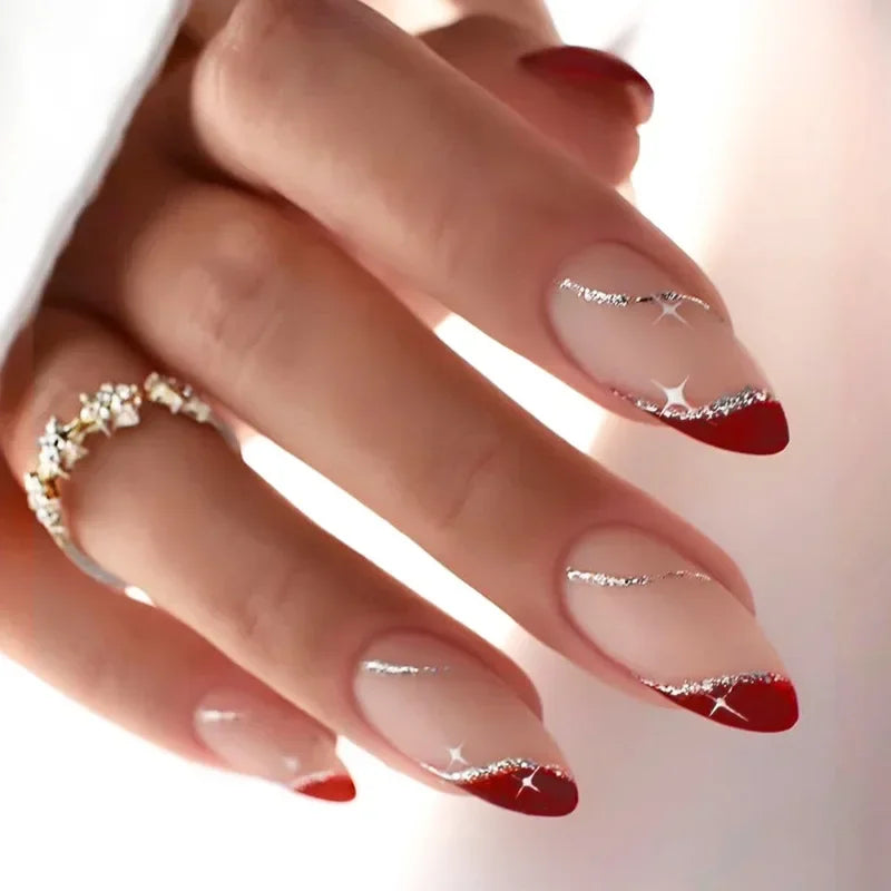 24Pcs Purple Heart Almond False Nails Artificial Simple with Glue French Wearable Fake Nails Full Cover Press on Nails Tips Art