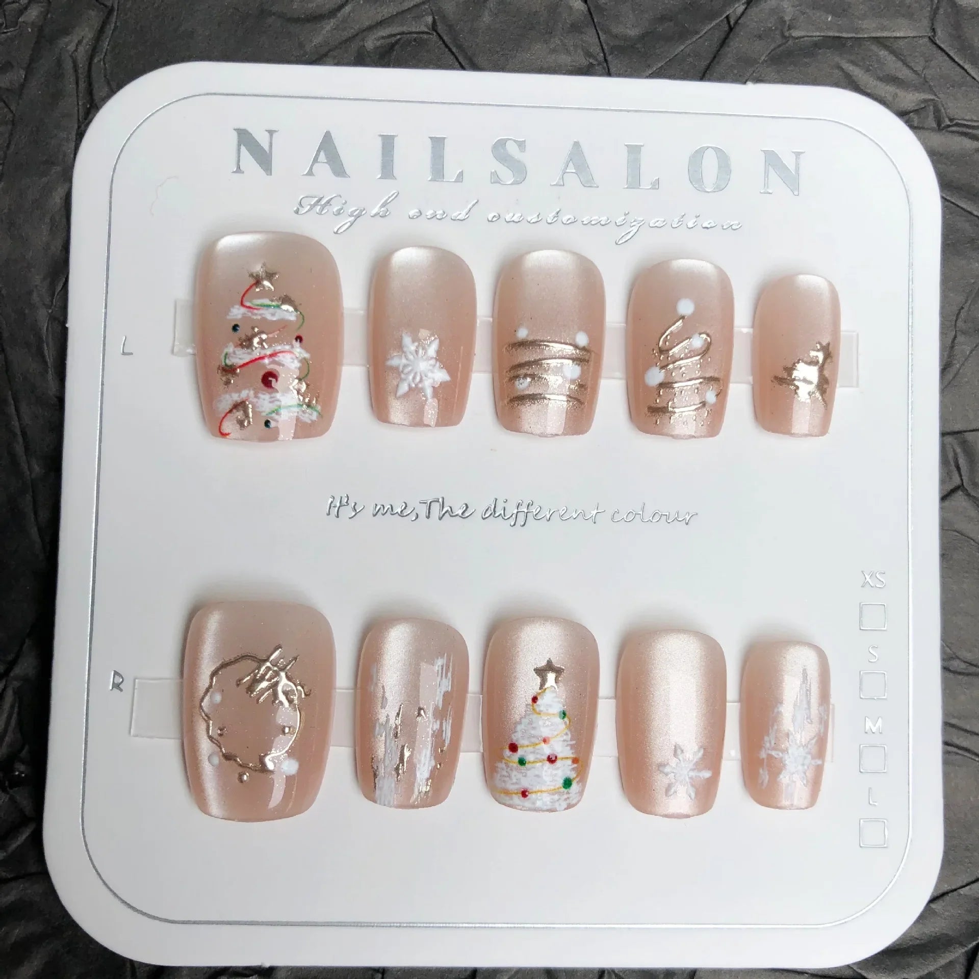 24Pcs Short Square Fake Nails Press on 3D Snowflake Christmas Tree Full Cover Nails Tips Cat's Eye Gilded Detachable False Nails