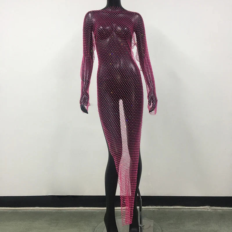 Y2K Sexy Shiny Rhinestones Grid Fishnet Dress Long Sleeve Hollow Out Side Slit Dress Beach Cover Up Breathable Lady Vestidos Rose Red Split One Size