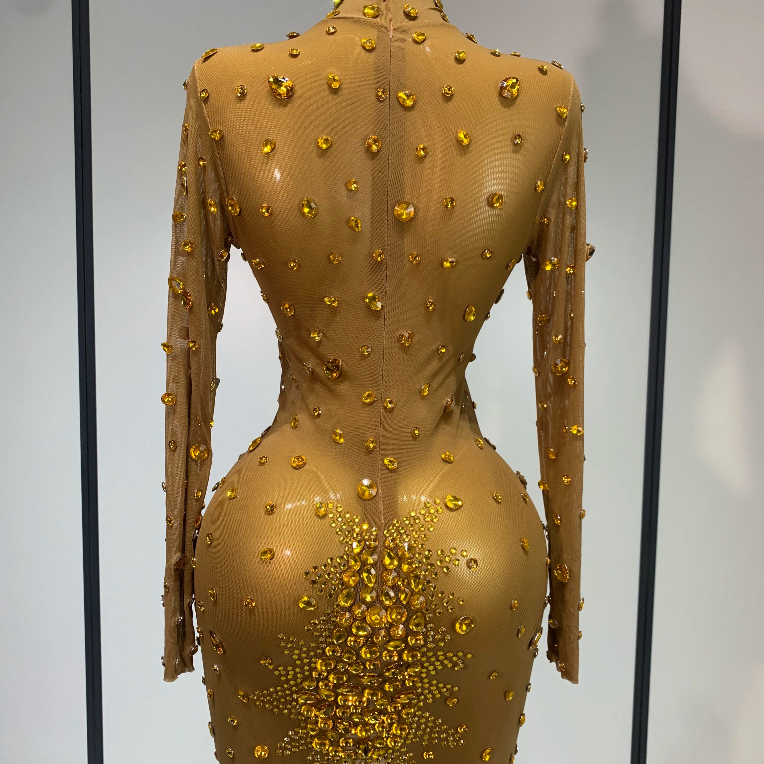 Women Sexy Gold Rhinestones Sparkly See Through Mini Dress Evening Party Fashion Performance Stage Outfit Luxury Birthday Dress