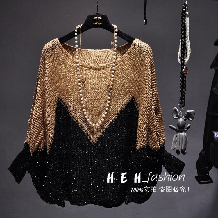 Yan Li Shinny Lurex Sweater Women Round Neck Long Jumper Casual Knit Pull Femme Pullover Bling Bling Sequin Sweater Coffee black One Size