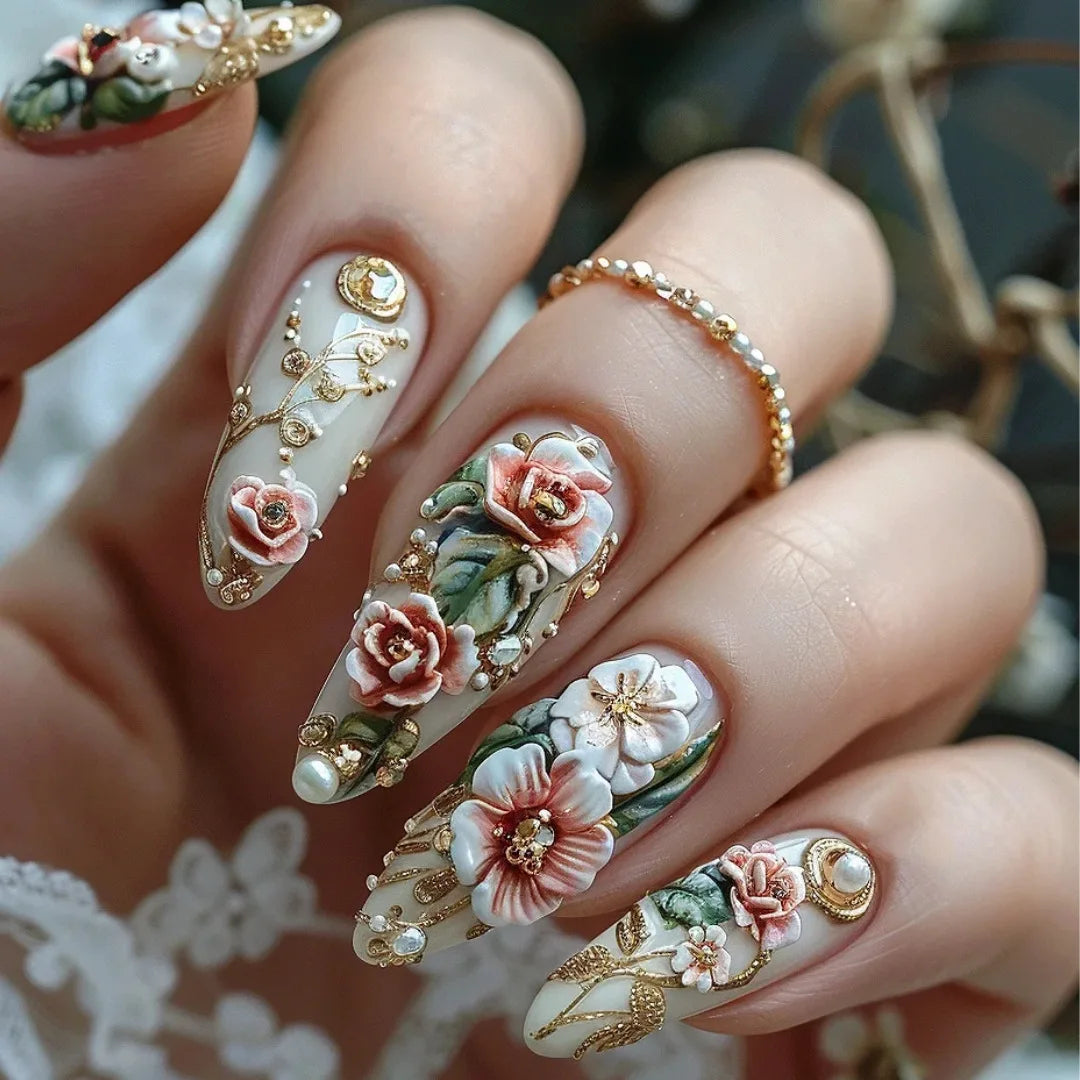 24pcs/set Medium long fake nails Swan fish flowers for summer season gradient almond square ballet tips press on false nails