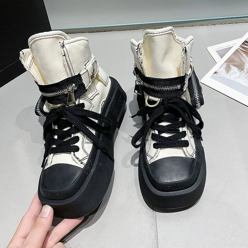 New Women's Ankle Boots Fashion Cowboy Knight Boot Punk Gothic Classic Denim Canvas Shoes Short Goth Platform Shoes Beige