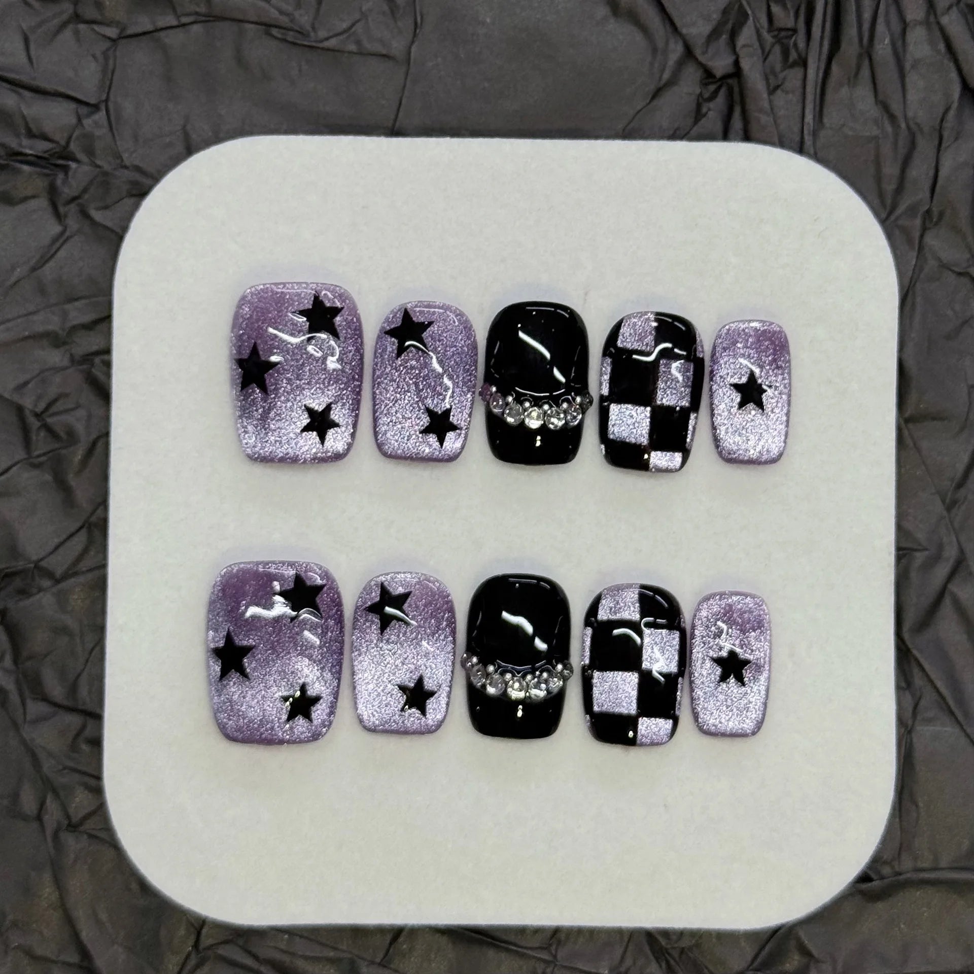 10Pcs Short Ballet Shiny Fake Nail with Purple Cat-eye Designs Artificial Square Manicure Fashion Finished Wearable Acrylic Nail