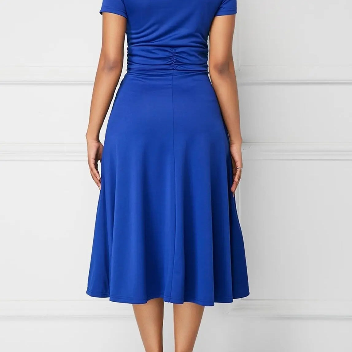 Elegant Women Solid Color Short Sleeve V Neck Asymmetric Hem Waist Tight Midi Party Dress Ladies Evening Vestidos DF4916