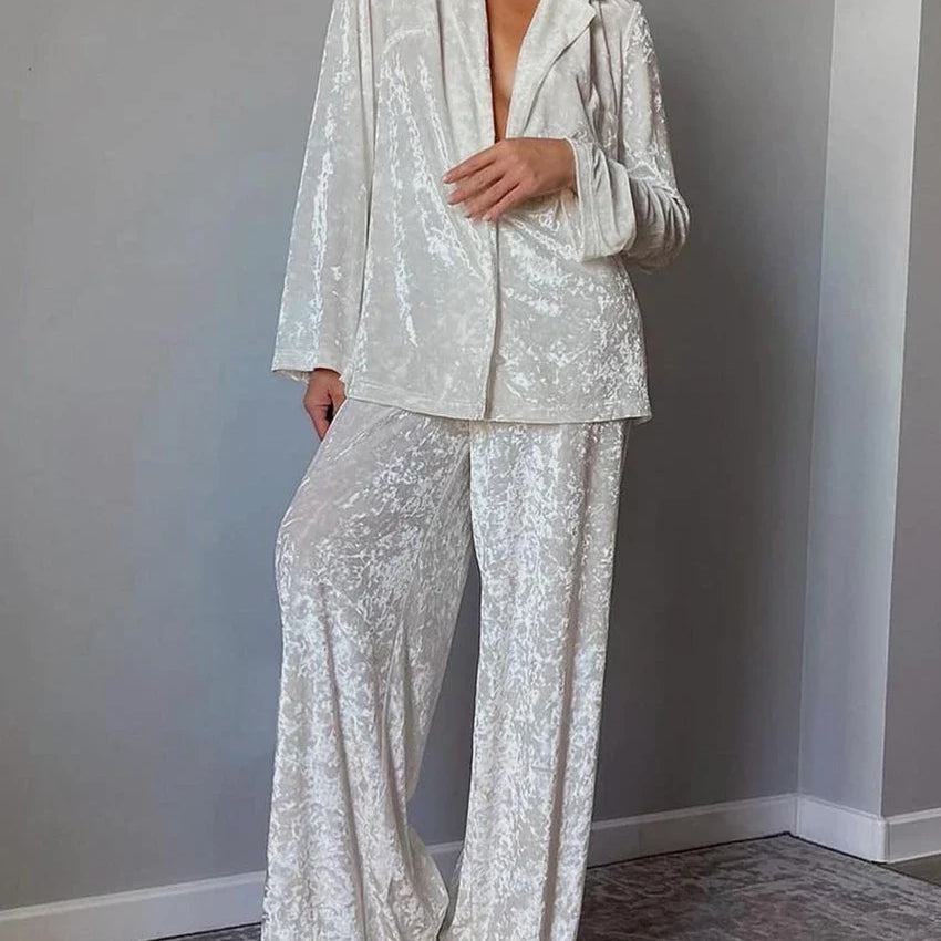 Clacive Winter Loose Home Suits Fashion White Velvet Pants Set Elegant Lapel Long Sleeve Blouses Two Piece Sets Womens Outifits WHITE CN
