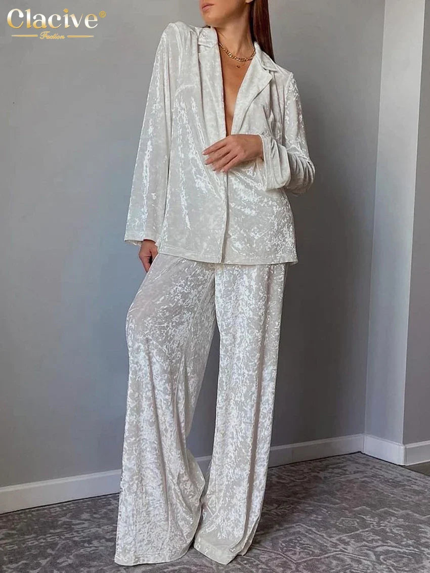 Clacive Winter Loose Home Suits Fashion White Velvet Pants Set Elegant Lapel Long Sleeve Blouses Two Piece Sets Womens Outifits WHITE CN